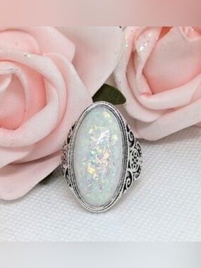 Silver Filigree White Opal-Style Oval Ring